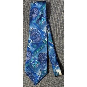 CORSINI Men's 100% Silk Tie Blue Floral Scroll Pattern Necktie Made In Canada